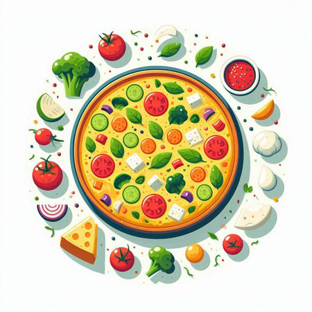 Pizza with tomato, mozzarella, cucumber, onion, pepper and basil. Vector illustrationのイラスト素材