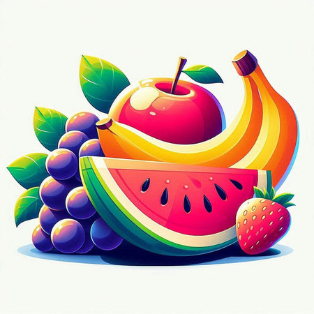 Fruit background with apple, watermelon, grape and strawberry.のイラスト素材