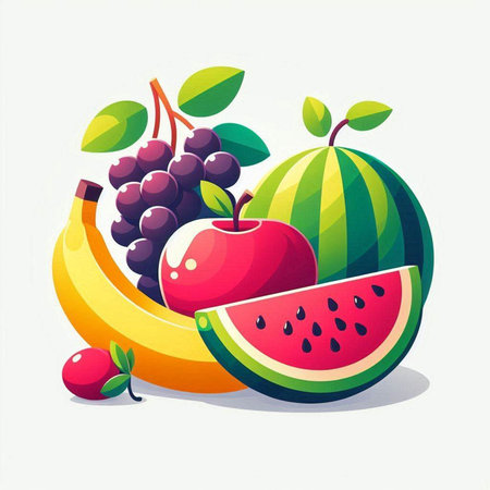 Fruits and berries on white background. Vector illustration in flat style.のイラスト素材