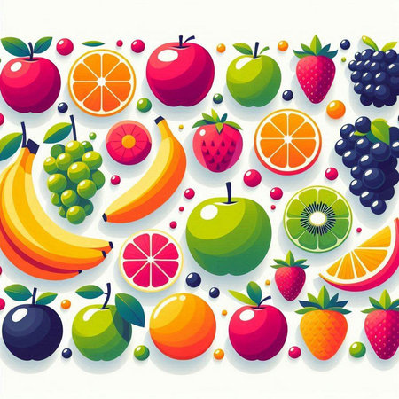 Fruit background. Vector illustration with fruits and berries. Healthy food.のイラスト素材