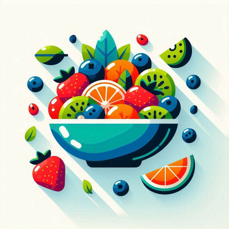 Fruit salad in a bowl with watermelon, strawberries, oranges, kiwi, blueberries, lemon and mint leaves. Vector illustration.のイラスト素材