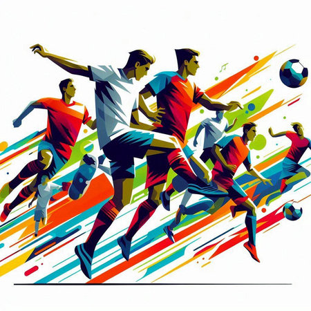 Group of soccer players in action, vector illustration. Colorful background.のイラスト素材