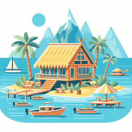 Wooden bungalows on the beach. Vector illustration in cartoon styleのイラスト素材