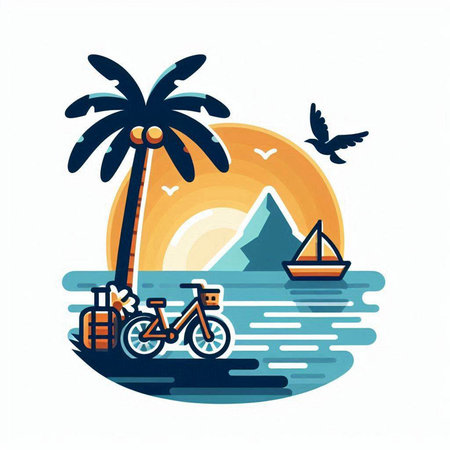 Bicycles, palm tree, sun and sea. Vector illustration.のイラスト素材