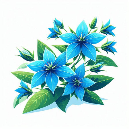 Blue flower with green leaves isolated on white background. Vector illustration.のイラスト素材