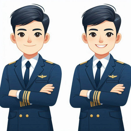 Vector illustration of a young male pilot in uniform with crossed arms.のイラスト素材