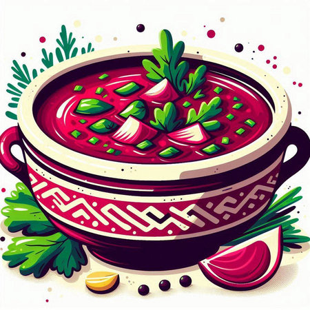 Vector illustration of a bowl of red borscht garnished with parsley and dillのイラスト素材