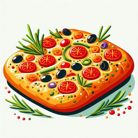 Illustration of a pizza with olives, tomatoes and rosemaryのイラスト素材
