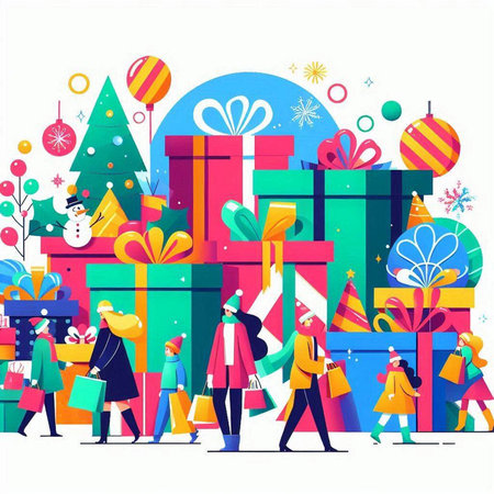 Merry Christmas and Happy New Year greeting card. People with gift boxes. Vector illustrationのイラスト素材