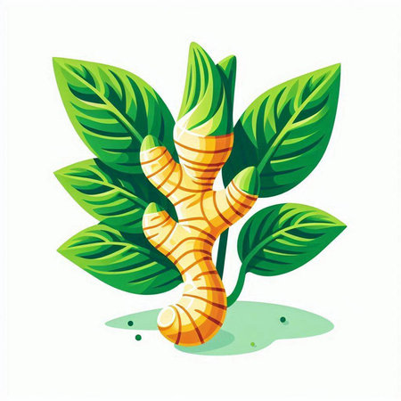 Ginger root and green leaves isolated on white background. Vector illustration.のイラスト素材