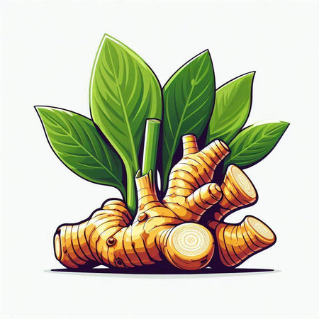 ginger root with green leaves on white background, vector illustration.のイラスト素材