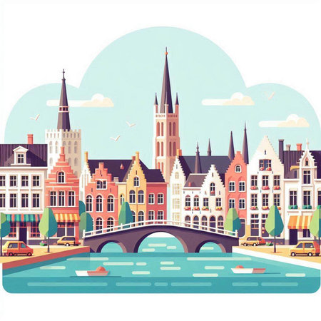 Bruges, Belgium. Vector illustration in flat style. Travel background.のイラスト素材