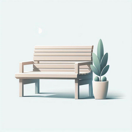 Wooden bench with plant in pot on blue background. Vector illustrationのイラスト素材