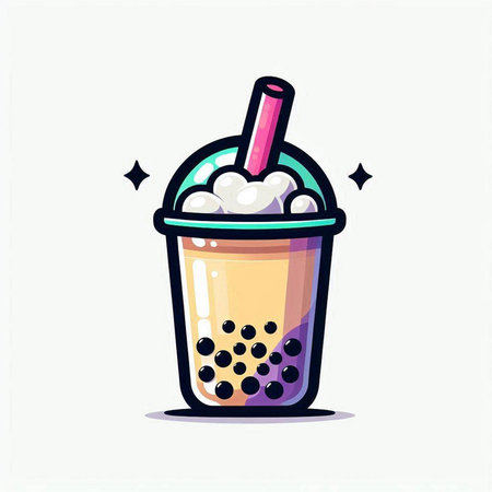 bubble tea in plastic cup, bubble tea vector illustration, bubble tea iconのイラスト素材