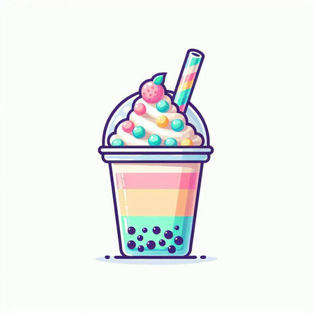 Colorful ice cream in a cup with a straw. Vector illustration.のイラスト素材