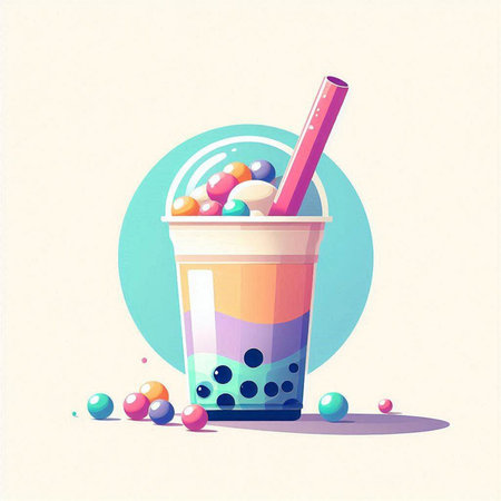 Cup of bubble tea with colorful candies, vector illustration.のイラスト素材