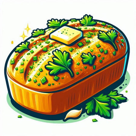 Illustration of a baked pie with parsley on a white backgroundのイラスト素材