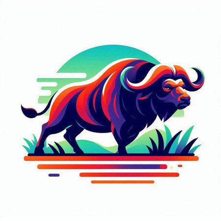 Buffalo vector illustration. Wild animal on nature background. Colorful bison logo.のイラスト素材
