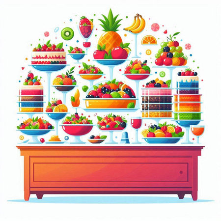 Fruit shop. Vector illustration in cartoon style. Colorful fruits on shelves.のイラスト素材