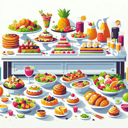 Vector illustration of table with different delicious desserts, fruits and berries.のイラスト素材