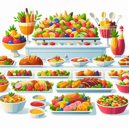Fruits and vegetables on a buffet table. Vector cartoon illustration.のイラスト素材
