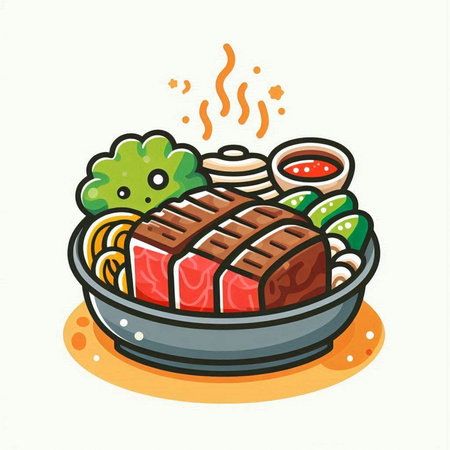 Illustration of Japanese food, grilled beef and vegetables on white backgroundのイラスト素材