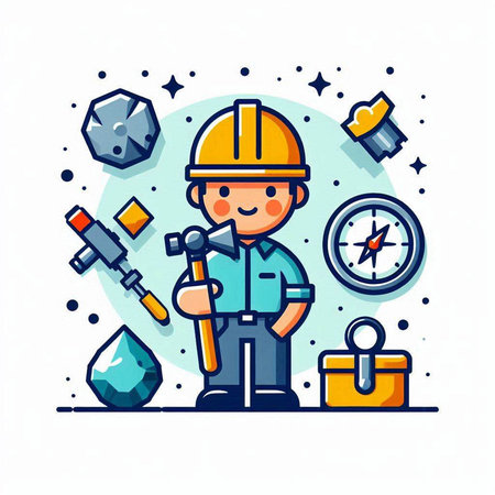 Cartoon construction worker with tools. Vector illustration in flat style.のイラスト素材