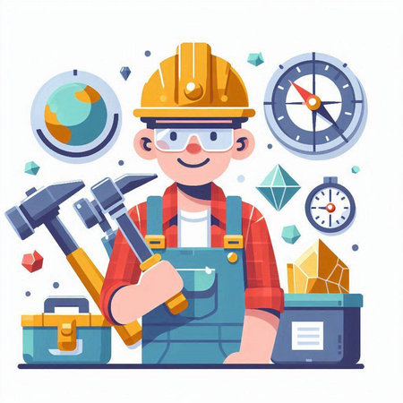 Cartoon construction worker with tools. Vector illustration in a flat styleのイラスト素材