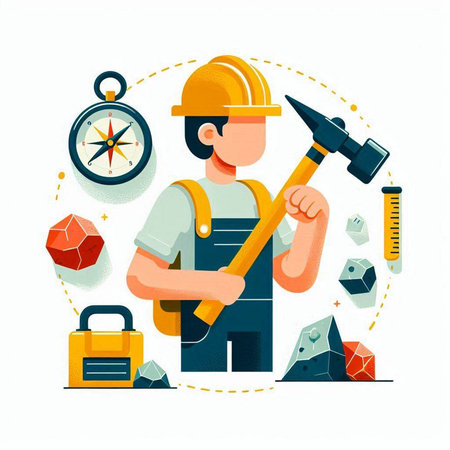 Vector illustration of a worker with a hammer and a construction tool.のイラスト素材