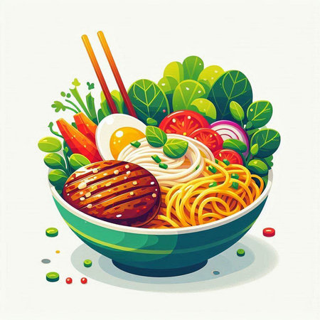 Bowl of noodle with meat and vegetables, vector illustration.のイラスト素材