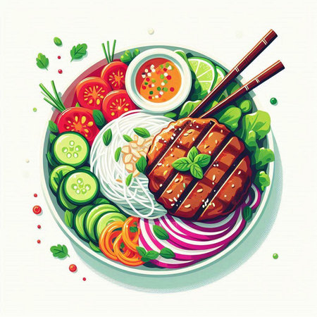 Illustration of a bowl of asian food with chopsticks and vegetablesのイラスト素材
