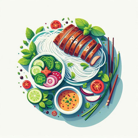 Rice noodle with grilled pork and vegetables. Vector illustration.のイラスト素材