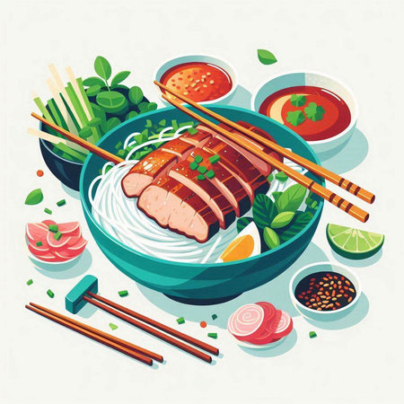 Japanese ramen noodle soup with pork in bowl and chopsticks vector illustrationのイラスト素材