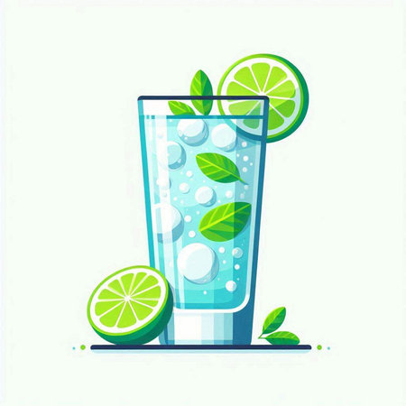Cocktail with lime, mint and ice. Vector illustration.のイラスト素材