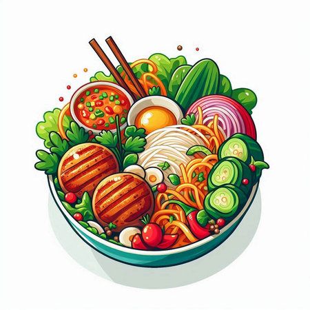 Bowl of noodle with meat and vegetables. Vector illustration.のイラスト素材