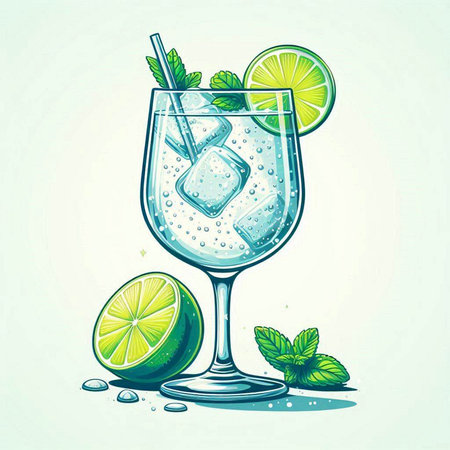 Cocktail with lime, mint and ice. Vector illustration.のイラスト素材