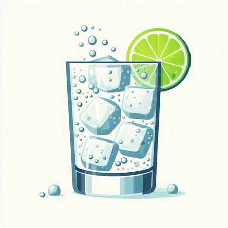 Cocktail with ice cubes and lime on white background. Vector illustration.のイラスト素材