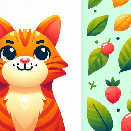 Cute cartoon tiger with leaves and berries background. Vector illustration.のイラスト素材