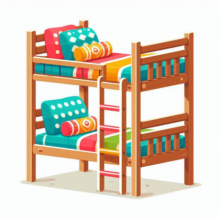 Vector illustration of two wooden bunk beds with pillows and cushionsのイラスト素材