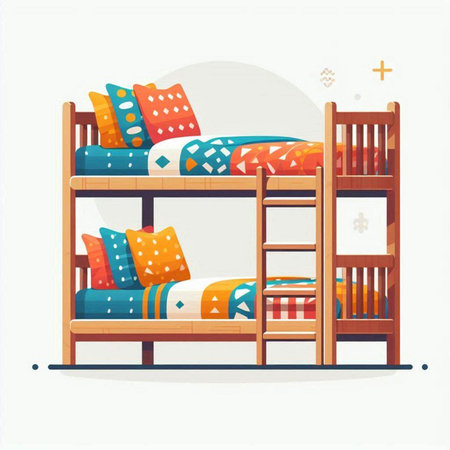 Bunk bed with colorful pillows. Vector illustration in flat style.のイラスト素材
