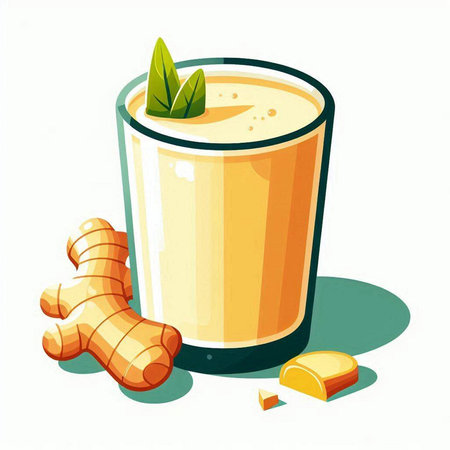 Vector illustration of glass of turmeric smoothie with turmeric rootのイラスト素材