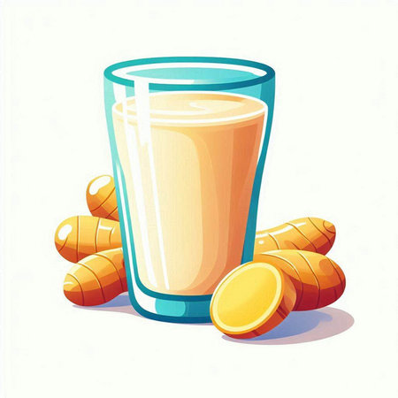 Glass of turmeric smoothie on white background. Vector illustration.のイラスト素材