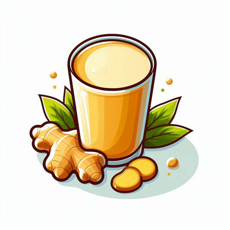 Glass of ginger juice with fresh ginger and leaves. Vector illustration.のイラスト素材