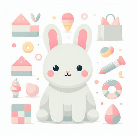 Cute cartoon bunny and sweets on white background. Vector illustration.のイラスト素材