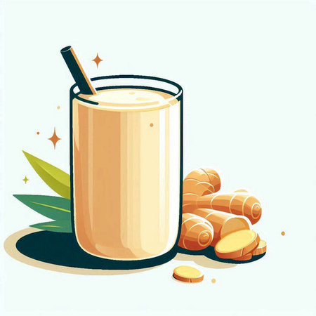 Ginger smoothie in a glass and ginger root, vector illustrationのイラスト素材