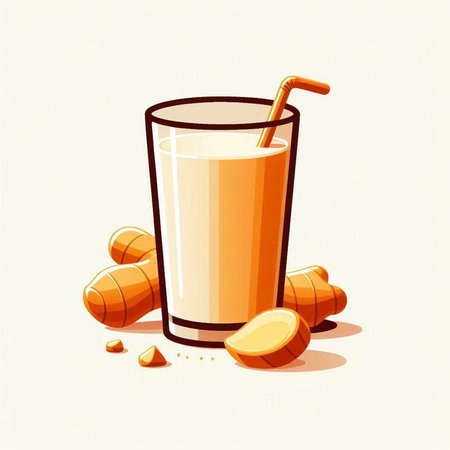 Glass of fresh turmeric smoothie with ginger root, vector illustrationのイラスト素材