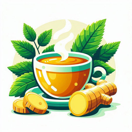 Cup of tea with ginger and mint leaves. Vector illustration.のイラスト素材
