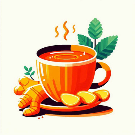 Cup of tea with turmeric and ginger root. Vector illustration.のイラスト素材