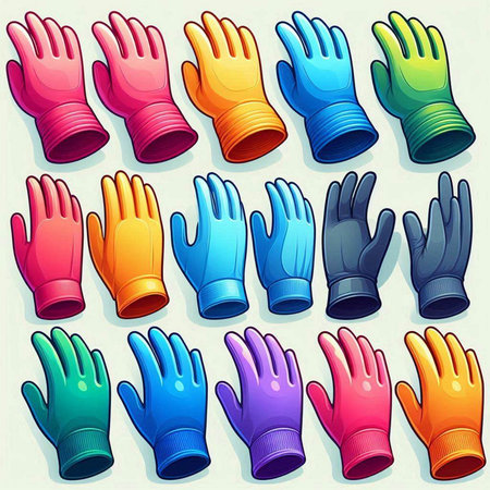 Illustration of a set of colorful rubber gloves on a white backgroundのイラスト素材