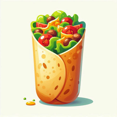 Tortilla wrap with fresh vegetables. Vector illustration in cartoon style.のイラスト素材